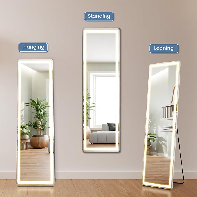 OLIXIS LED Full Length Mirror with Lights, Full Body 16x60 | Standing Lighted Floor, 3 Color Lighting, Wall Mounted Bedroom Bathroom Entryway, Tempered Glass