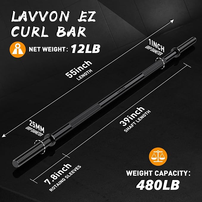 55" Weight Lifting Bar, 1"Standard Straight Barbell Bars for Weight lifting | Olympic Barbell Bar for Bench Press/Hip Thrusts/Squats/Lunges for Gym and Home, 2 Star Star-nuts (480lb Weight Capacity)