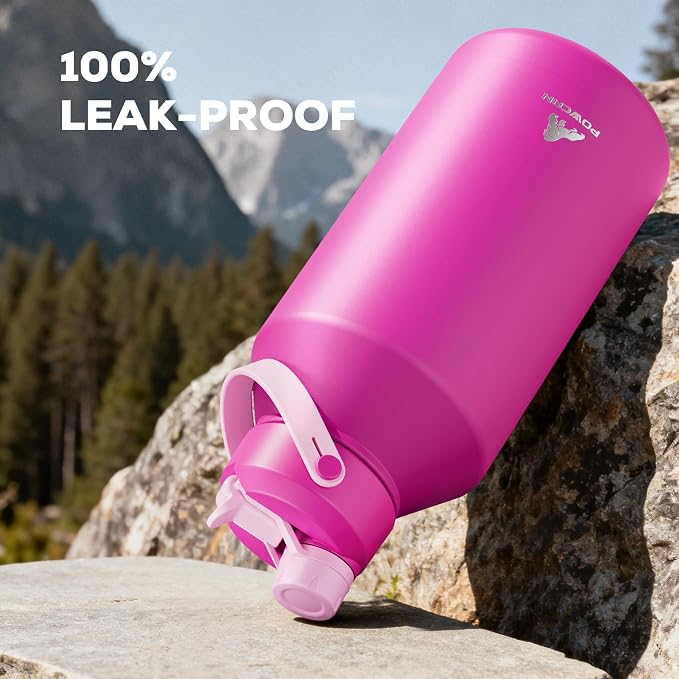 POWCAN 64 oz Insulated Metal Water Bottle for Women: 2-in-1 Straw & Spout Lid, Keep Cold 48H, Leakproof, Carrier Bag, Half Gallon Stainless Steel Water Bottle for Sports, Travel, and Fitness (Peony)