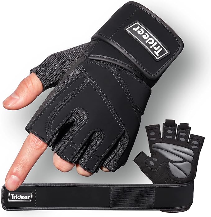 Trideer Workout Gloves for Men, Weight Lifting Gloves with Wrist Wrap Support, Full Palm Protection & Extra Grips for Weightlifting, Exercise, Cross Training, Fitness, Pull-up