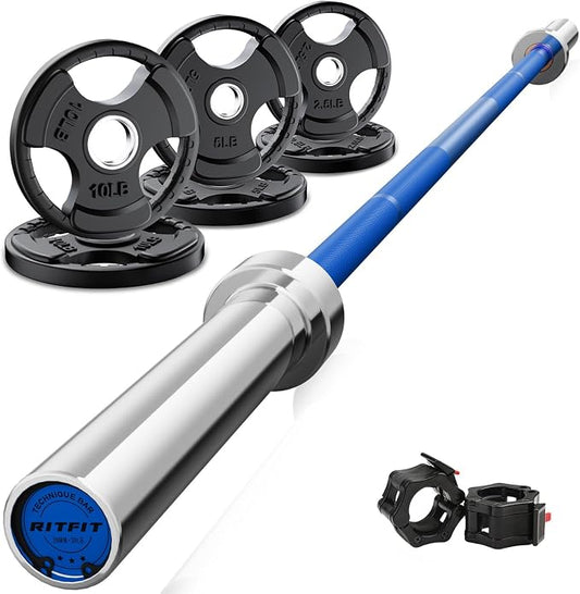 RitFit Barbell Weight Set - 4/6FT Olympic Barbell with Weight Plates (55-115LB Total) - Weightlifting Equipment for Squats, Curls, Deadlifts, Presses, Hip Thrusts