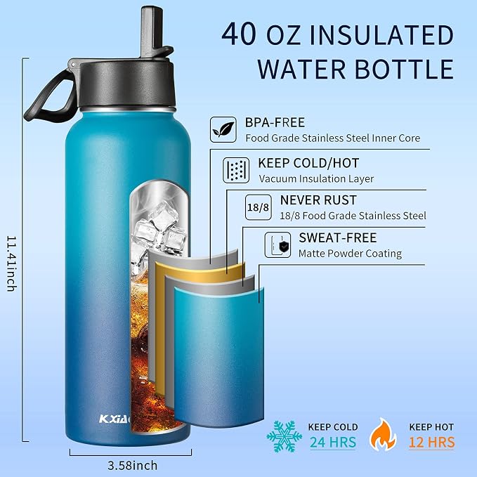 KXIAOCHEN Insulated Water Bottle with Strap, 48-Hour Cold, 2 Lids | Triple-wall insulation, lead-free 18/8 Stainless steel, paracord handle, carabiner clip, for gym, hiking, camping and travel