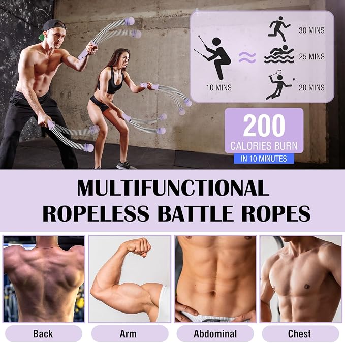 2PCS Portable Ropeless Battle Ropes with Adjustable Weight Rings | Cordless Battle Rope for Home Gym, HIIT Workout, Low-Impact Cardio, Strength Training, Fitness Equipment for Women & Men