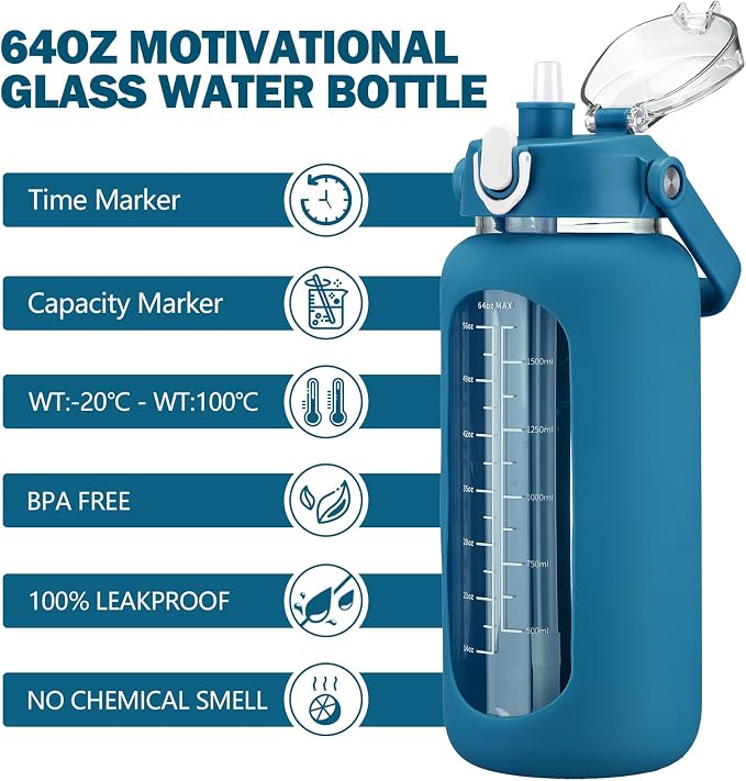 64oz Glass Water Bottles with Straw, Half Gallon Motivational Glass Bottle with Silicone Sleeve and Time Marker, 2L Leakproof Large Glass Water Jug for Gym Home Office,Iron Blue