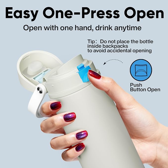 Insulated Water Bottle with Straw - Encool Stainless Steel Water Bottle with Push Button Lid, Leak-Proof & BPA-Free, Keeps Cold for 24 Hours for Sports, Travel, Gym (24 oz, Kangaroo Grey)