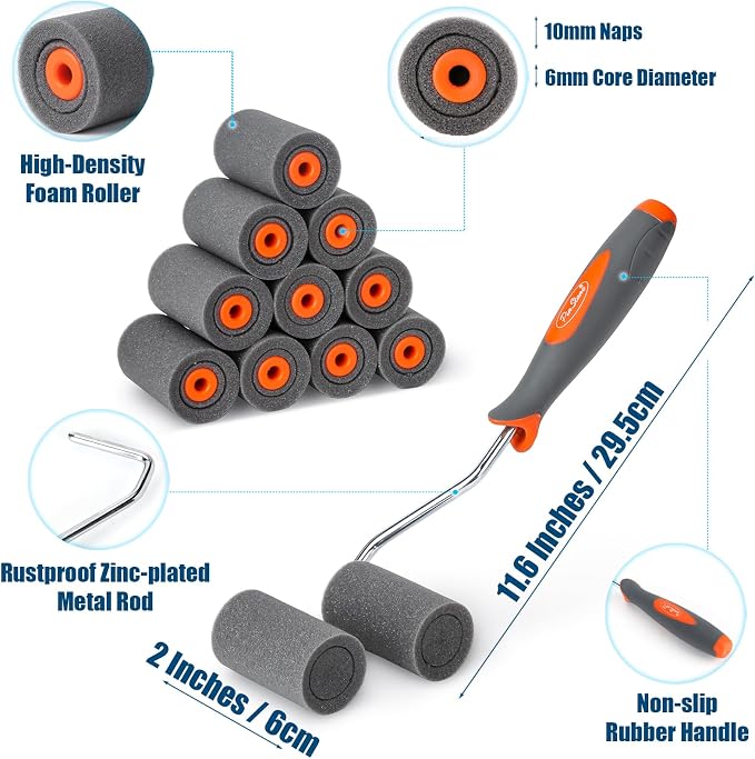 13 Pack 2" High Density Foam Paint Roller Kit for Smooth & Precision Finish | PinStone Caved-in Black Foam Roller, Small Foam Mini Rollers for Painting Walls, Cabinets, Doors, Furniture, Edging, Touch up