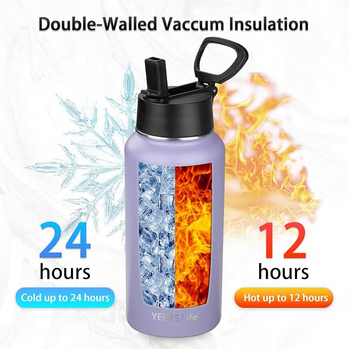 Insulated Water Bottle With Straw,32 oz Vacuum Insulated Stainless Steel Sports Water Flask,Keeps Cold and Hot,Metal Water Bottle Wide Mouth for Gym Travel Camping (Pale purple)