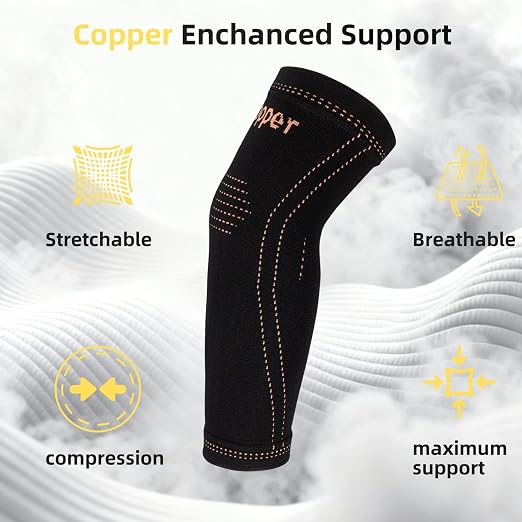 Copper Arm Sleeve | Elbow Brace for Tennis Elbow & Tendonitis | Copper Elbow Compression Sleeve for Men & Women | Sports Support & Recovery (Black, X-Small)