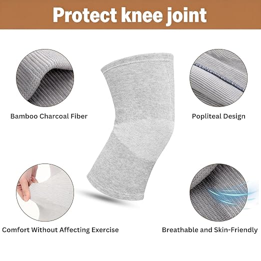 Premium Bamboo Knee Compression Sleeve, 1 Pair Slip-One Knee Support, Elastic Warm Knee Brace for Knee Pain, Joint Recovery, Sports, Daily Wear for Adults (Gray, Large)