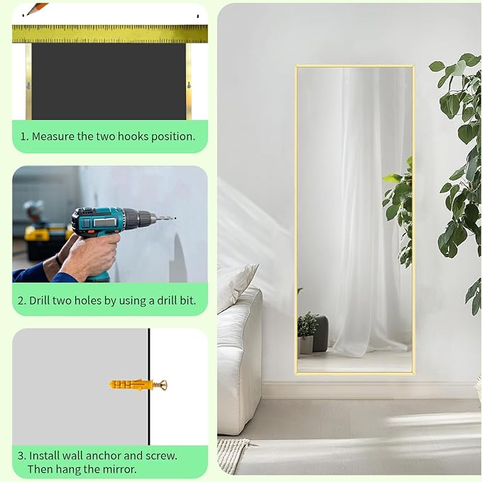 Gold Floor Mirror 48x16 inch, Full Body Mirror, Metal Frame | Brushed Gold Metal Frame, No Distortion, Rust-proof, Floor Mirrors for Nursery, Baby Room, Entryway, Party, Dressing Room