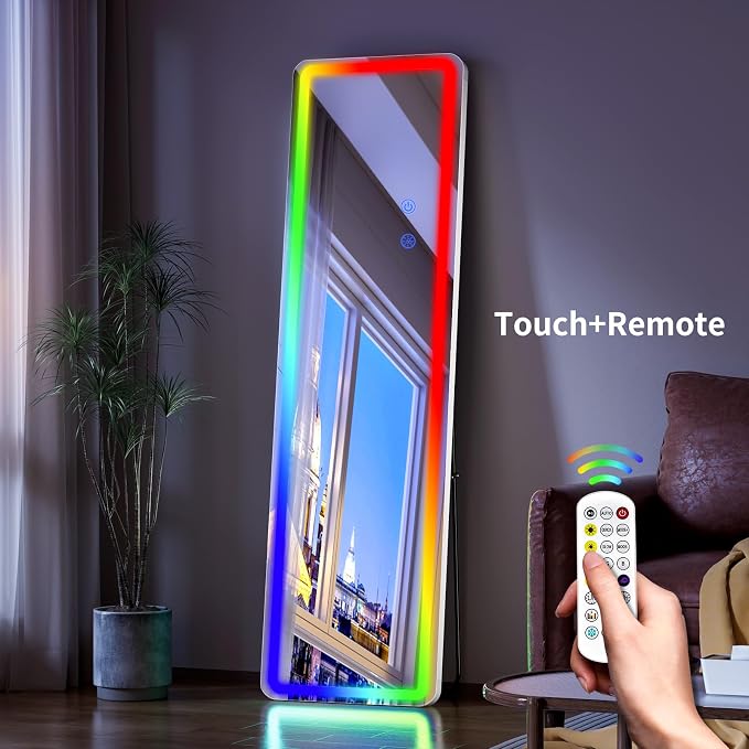 Koonmi Full Length Mirror with LED Lights, 60"x16" Lighted Mirror with Remote Control, RGB Color Changing Lights, 7 Dynamic Modes, Dimmable Brightness
