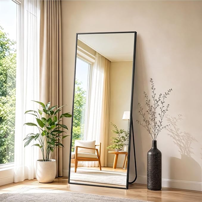NEWBULIG 56"x21" Full Length Mirror, Full Body Standing Mirror, Black | Leaning or Standing, Tempered Glass, Aluminum Alloy Thin Frame Floor Stand for Bedroom, Cloakroom