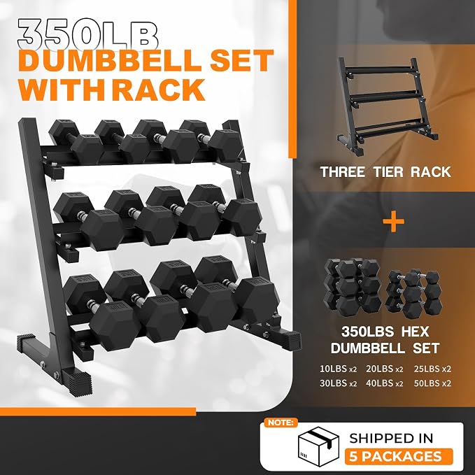 Mikolo Dumbbell Sets with Rack, Rubber Hex Dumbbells, Multiple Choices in 160/200/380/450/550LB, Hand Weights with Chrome Handle for Strength Training