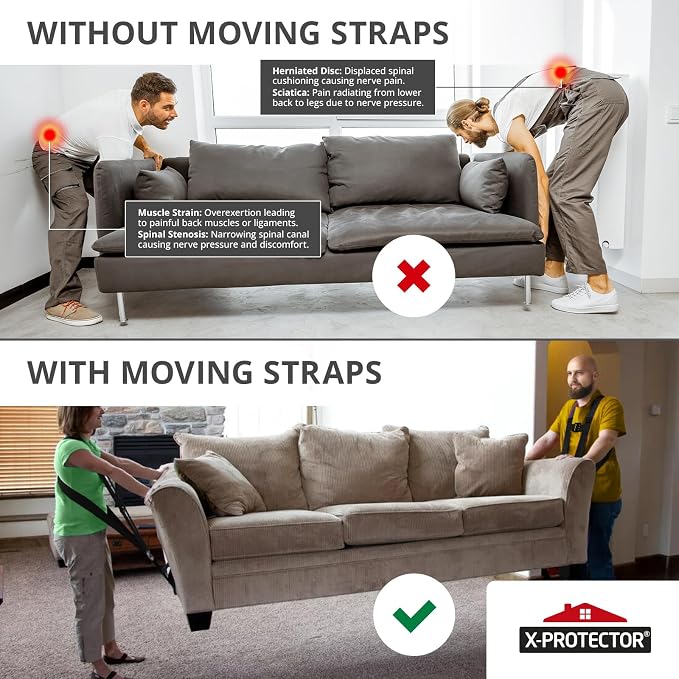 X-Protector Moving Straps - 2 Pairs - Black Lifting Straps for 2 Movers | Move Furniture Easily and Safely - Perfect for Lifting and Moving Heavy Objects! (with Back Support, Black)