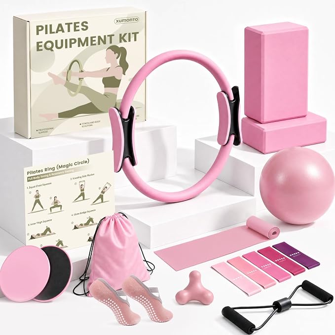 Pilates Kit for Women, At Home Equipment Set with Pilates Ring, 2 Yoga Blocks, Mini Exercise Ball, Resistance Bands, Sliding Discs, Stretch Strap for Full Body Workout