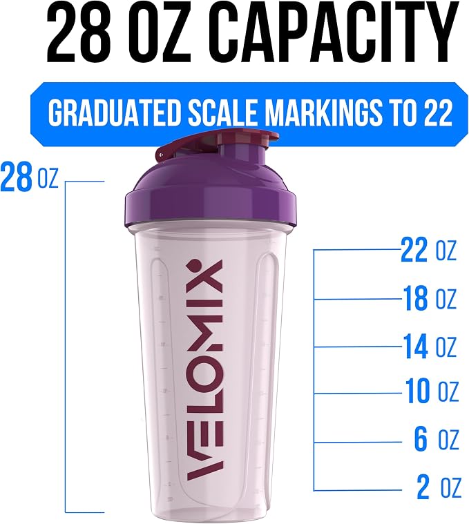 VELOMIX 2 Pack 28oz Protein Shaker Bottle for Protein Mixes, Purple Mix | 2x Wire Whisk, Leak Proof Shaker Cups for Protein Shakes, Stackable, Dishwasher safe, BPA free, Pre Workout and Fitness ready