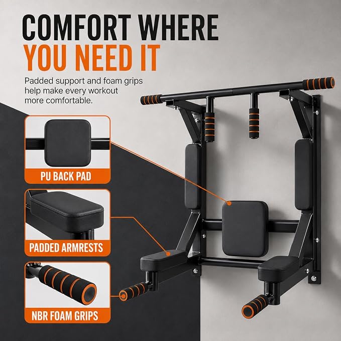 Wall Mounted Pull Up Bar Dip Station, Training Equipment Fitness Dip Stand, Multiple Grip Positions, 440 Lbs Capacity for Home Gym Workout