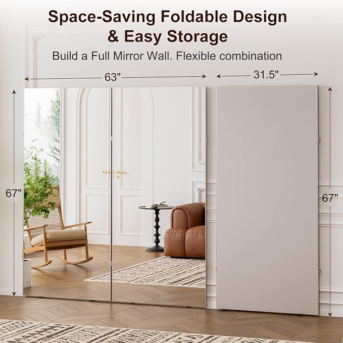 Space-Saving 360° Folding Full Length Mirror, 63" x 67" Oversized Standing/Leaning Mirror, Shatterproof, Lightweight Design for Home Gym, Yoga Studio, Dance Studio, Fitness Studio (Silver)