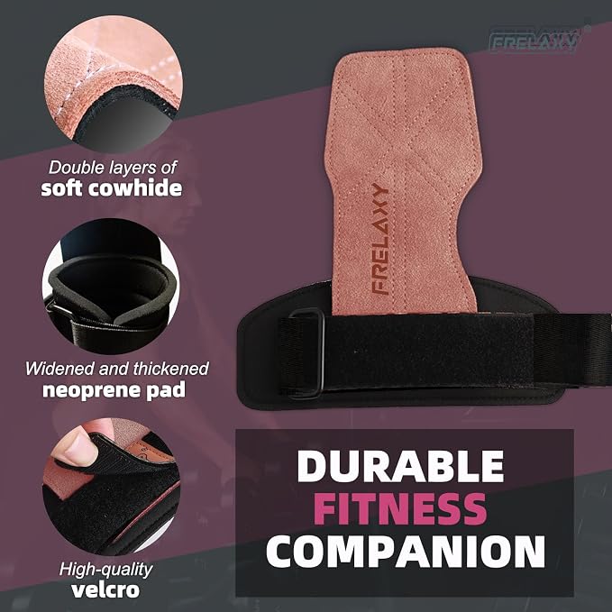 Frelaxy Lifting Wrist Straps for Women and Men, Weight Lifting Grips | Double-layer leather, Cushioned wrist support, Durable construction, Storage pouch, Deadlifts, rows, lat pulldowns