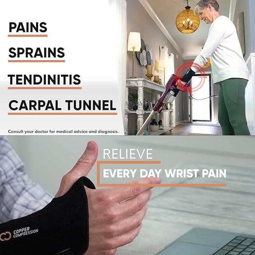 Copper Compression Wrist Brace - Copper Infused Adjustable Orthopedic Support Splint for Pain, Carpal Tunnel, Arthritis, Tennis Elbow, Tendinitis, RSI, Ganglion Cyst for Men Women - Left Hand - S/M