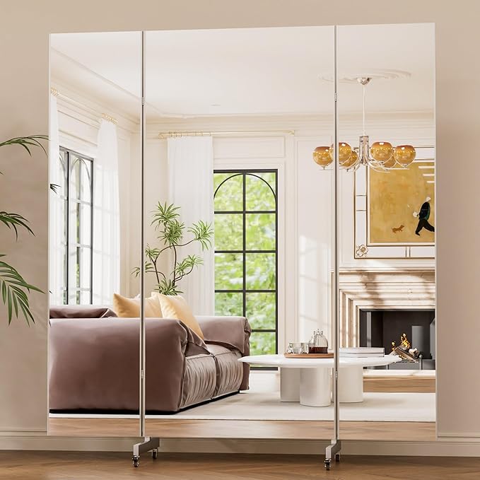brisafe 67"x63" Folding Mirror with Wheels, 3-Panel Full Length Standing Mirror, Space-Saving, Shatterproof Nano Material, Portable Floor Mirror for Gym, Dance Studio, Home, Commercial Use, Silver