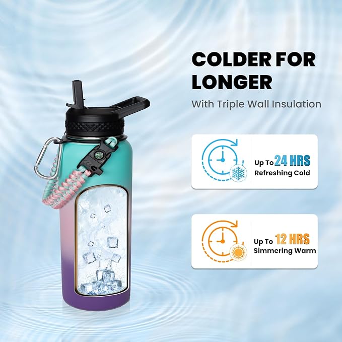 RAYMYLO Insulated Water Bottle 32 oz, Triple Wall Vacuum Stainless Steel | (Cold for 24Hrs, Hot for 12Hrs), Leak Proof & Non-BPA, Modern Water Flask Jug with Paracord Handle & Straw Spout Lids