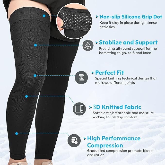 KEKING Full Leg Compression Sleeves, 20-30mmHg Graduated, Unisex, Running | Thigh-High Compression Stockings, Support Thighs, Calves & Knees, for Travel & Sports, Relieve Varicose Veins & Swelling