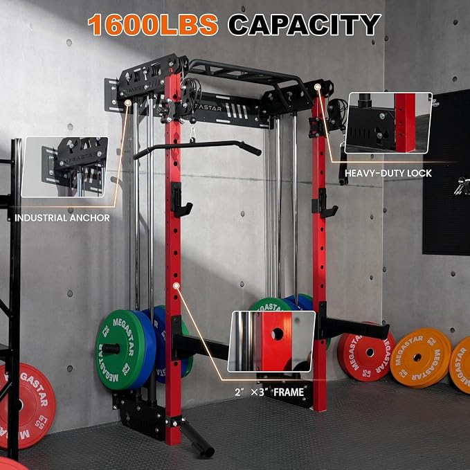 Power Cage, Squat Rack Home Gym, 2000LBs Capacity Wall Mounted Power Rack with Dual Crossover System, Includes 16 attachments for Home Gym