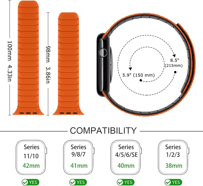 Tasikar Magnetic Bands Compatible with Apple Watch 42mm(Series 11/Series 10) 41mm 40mm 38mm Soft Silicone Replacement Loop Wristband for iWatch SE Series 11 10 9 8 7 6 5 4 3, Orange-Black