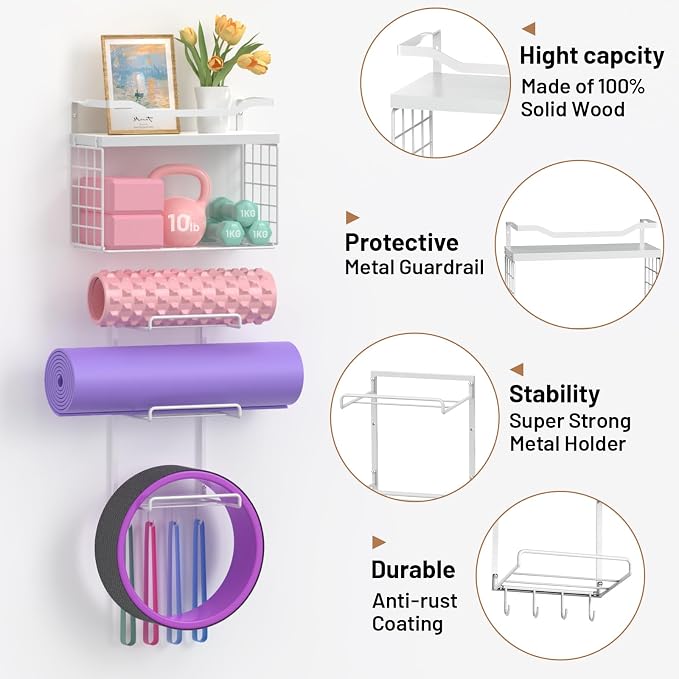 LIDTOP Yoga Mat Holder White, Wall Mount Yoga Accessory Mats Storage Rack, Home Gym Accessories Organizer Storage with Wood Floating Shelves, 4 Hooks Hanging Yoga Strap & Resistance Bands