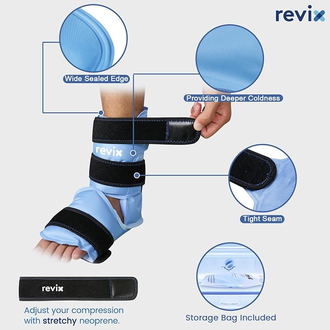 REVIX Ankle Ice Pack Wrap, Reusable Gel Ice Pack for Foot Pain Relief | Feet Cold Pack with Soft Plush Lining, 3 Adjustable Straps for Achilles Tendonitis, Plantar Fasciitis, Sprained Ankle