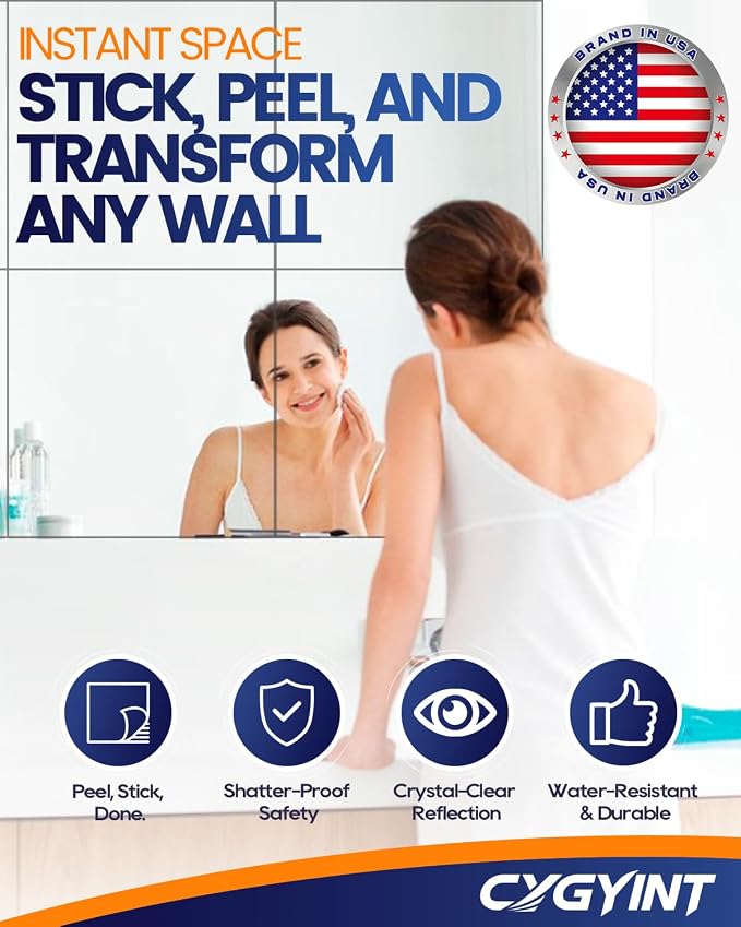 8Pcs 16x16 Inch Self-Adhesive Mirror Panels, Shatterproof Flexible Acrylic Mirror Sheets, Peel & Stick Wall Mirror Tiles for Bedroom, Home Gym, DIY Decor