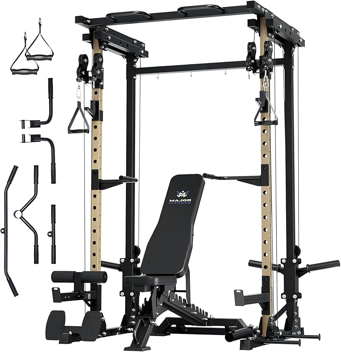 MAJOR FITNESS Drone3 Power Rack, 2500lbs Multi-Function Home Gym Squat Rack with Dual Pulley System, Pull-Up Bar & J-Hooks, Heavy-Duty Steel Frame for Maximum Stability & Strength Training