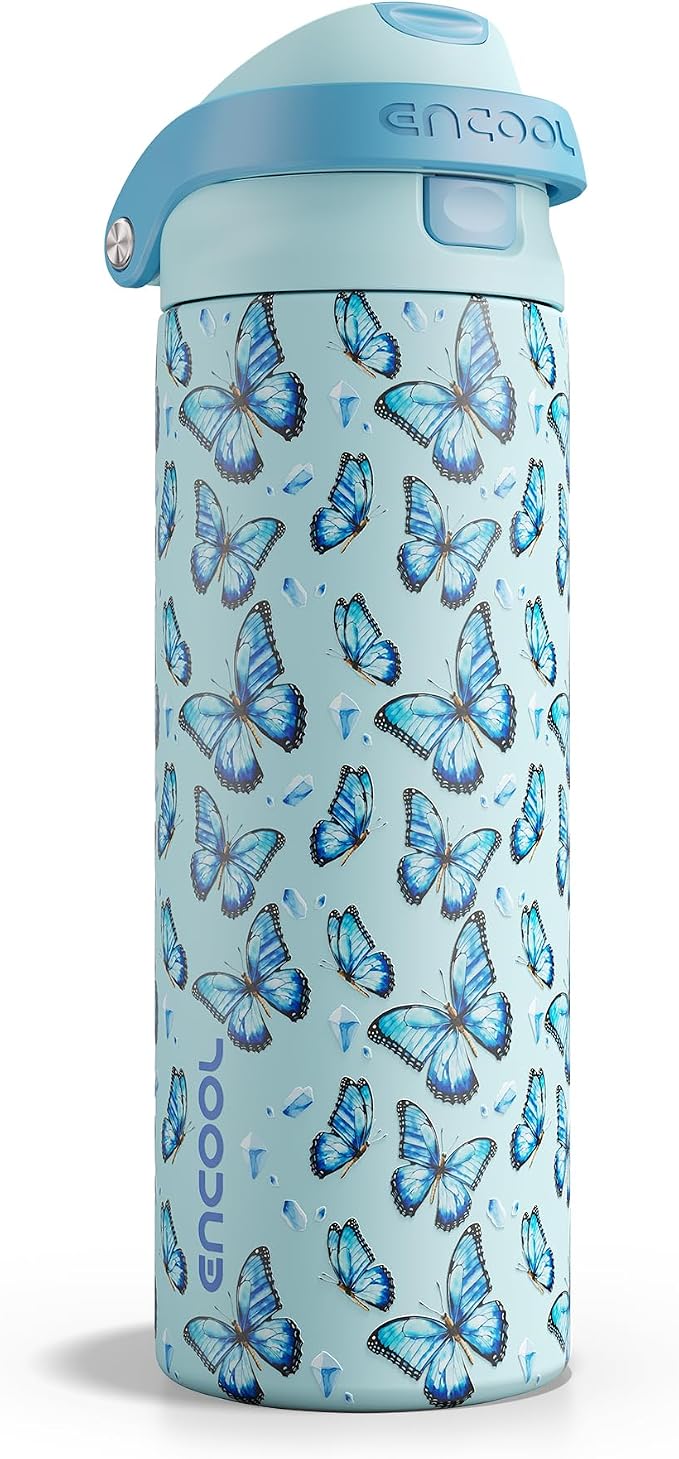 ENCOOL Leakproof Insulated Stainless steel Water Bottle with Straw Dual-Sip Water Bottle Bag-Safe Design for Work, BPA-Free Commute & Gym – Keeps Drinks Cold All Day, 24 oz, Glacier Butterfly