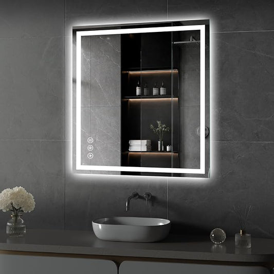 Koonmi 36x28 LED Bathroom Mirror with Light, Anti-Fog, 3 Colors | Backlit + Front Lit, Dimmable Brightness, Shatterproof HD Distortion-Free Tempered Glass, Hardware Included