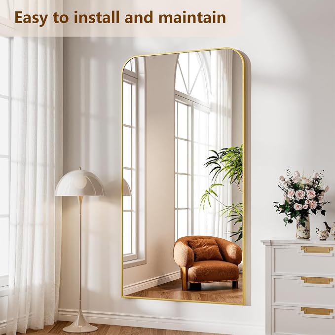 Koonmi Full Length Mirror, 78"x35" Mirror Full Length with Stand, Gold Domed Top Square-Edged Floor Mirror with Aluminum Alloy Frame for Bedroom Living Room