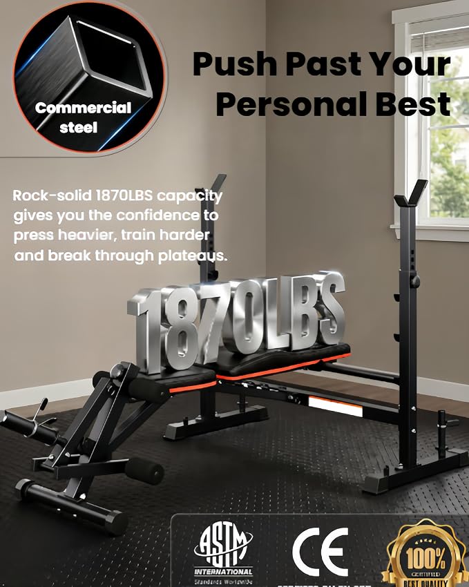 YOLEO 1+X Olympic Weight Bench Set with Rack, Upgraded Roman Chair, Preacher Curl & Leg Extension, 1870LBS Foldable Bench Press System for Full Body & Posterior Chain Training Home Gym
