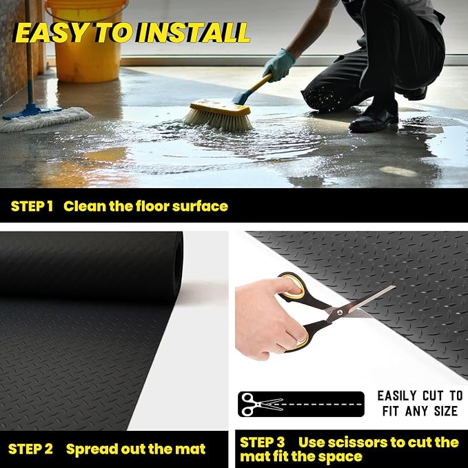 4x10 FT Garage Floor Mat, 2.8mm Thickened (Black) | Diamond Plate PVC Rubber Flooring Roll Covering Non-Slip Floor Protector for Under Car Parking/Garage/Warehouse/Gyms/Trailer