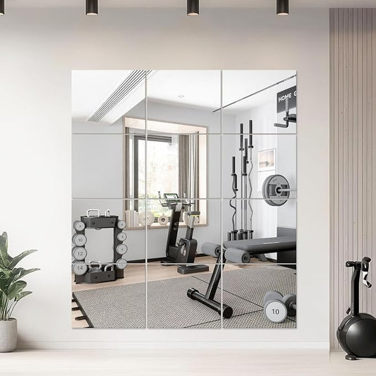 12PCS 14"x12" Home Gym Mirror, Wall Mirrors Decorative Shatterproof Self Adhesive Glass Mirror Tiles for Gym, Bedroom, Bathroom, Living Room