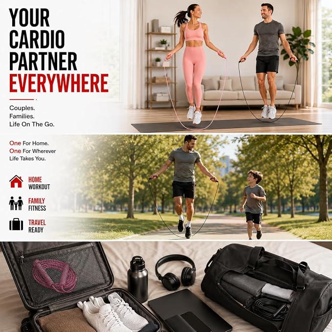 Adjustable Jump Rope for Fitness & Exercise, 2 Pack Portable Skipping Rope | for Cardio, Boxing and Weight Loss, Non Slip PVC Jumping Rope for Workout, Speed Rope for Women Men, Pink & Black