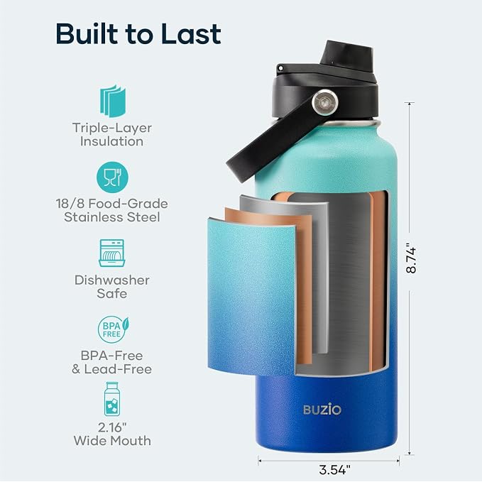 BUZIO Insulated Stainless Steel Water Bottle 32 oz with Straw & Spout Lids | Triple Wall Insulated Tumbler (Dishwasher Safe) ,Cold for 48 Hrs/Hot for 24 Hrs, Leakproof, BPA-Free, for Sports, Gym, School