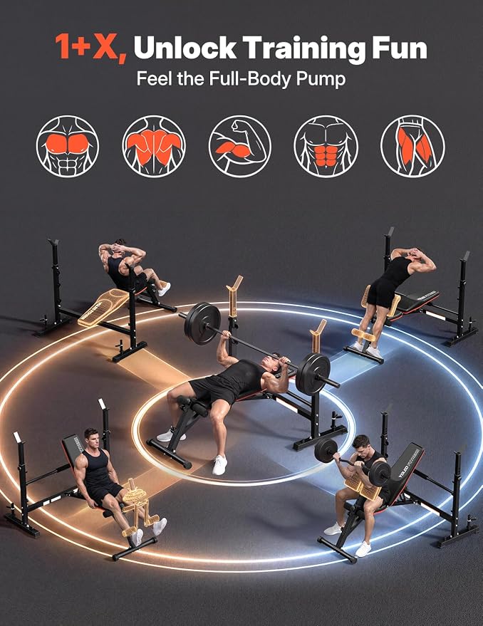 YOLEO 1+X Olympic Weight Bench with Upgraded Roman Chair/Preacher Curl/Leg Extension, Foldable 1870Lbs Wide Bench Press Rack with Ergonomic Support Backrest for Heavy Lifters for Home Gym