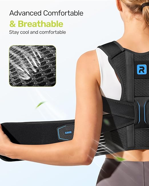 Rakiie Posture Corrector for Women Men, 4 Back Support Brace Bars, Adjustable Shoulder Straightener with Cushioned Pads for Hunchback, Round Shoulders, Back Pain Relief, Blue XL