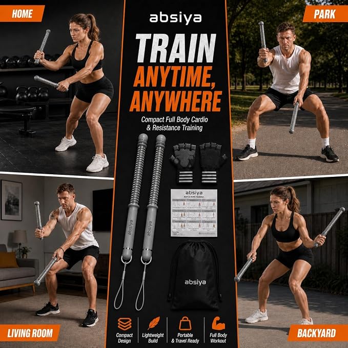 Cordless Battle Rope Workout Equipment – Portable Resistance Spring Trainer for Full Body Cardio, HIIT, Fat Burning & Strength Training – Home Gym Fitness Kit with Gloves & Carry Bag