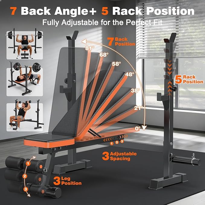 Fostoy Adjustable Weight Bench with Squat Rack & Incline Design | 770LB Heavy Duty, Flat & Incline Positions, Removable Foot Catch, Olympic Bench Press Station, Home Gym Strength Training