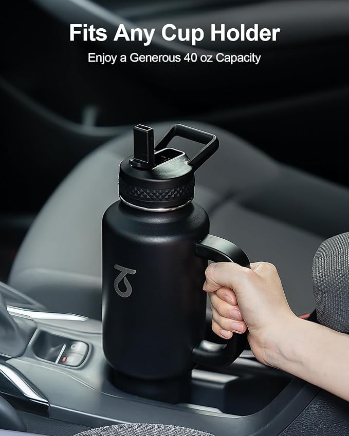 Trebo Insulated Water Bottle 40 oz Fits in Car Cup Holder with Side Handle | Stainless Steel Metal Tumbler with Straw Spout Lids, Triple-Wall Vacuum Copper Plated, Cold 48 Hrs Hot 24 Hrs for Travel, Gym