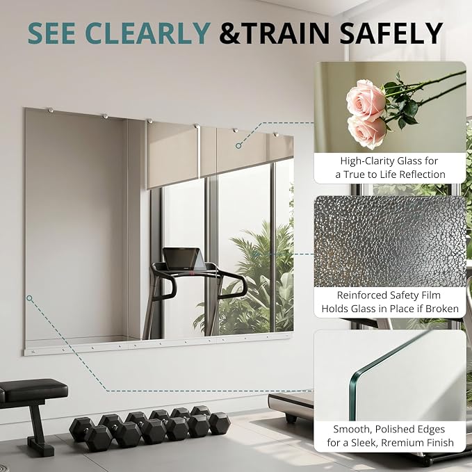 Rovibek 3 Pack Home Gym Mirror, 24x48In Large Workout Mirror for Exercise | Frameless Tempered Glass, Wall-Mounted Gym Mirrors for Home Gym, Garage Gyms, Yoga Rooms and Dance Studios
