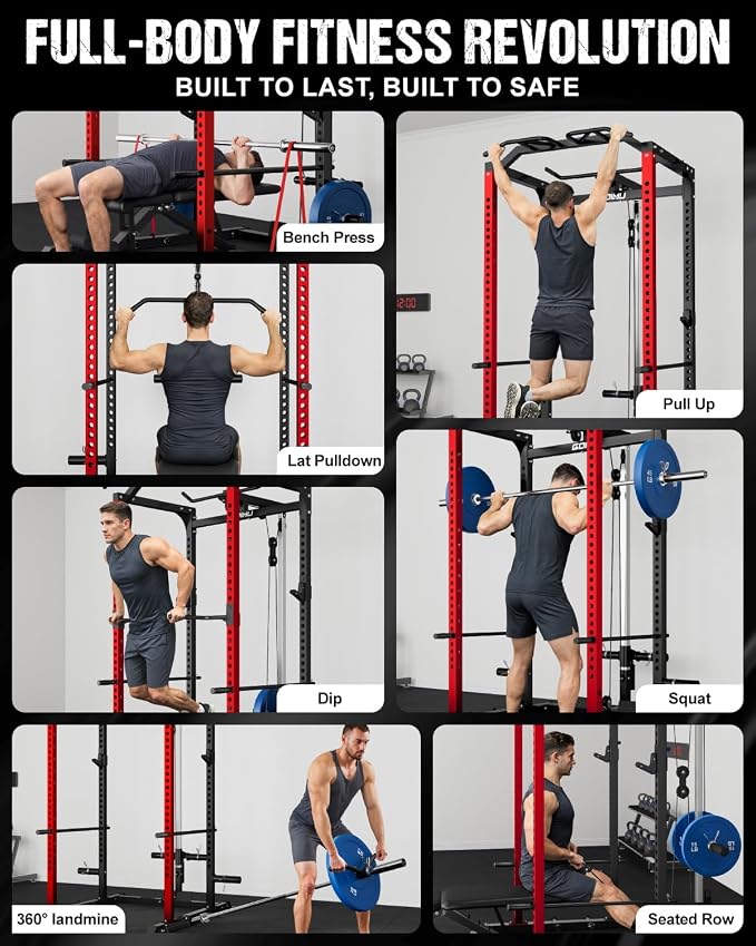 C1-V4 Power Cage, 2000LBS Squat Rack with LAT Pulldown, Multi-Function Weight Cage Strength Training Machine, Workout Cage with More Attachments for Home Gym Garage