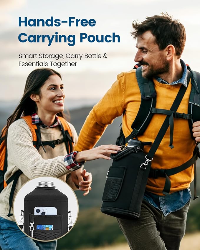 1 Gallon Water Bottle Insulated with Carrier Bag, Black/Gray | Stainless Steel, Vacuum Insulated Keep Cold 48 Hrs, 128 oz Large Gallon Water Jug, For Travel, Sport, Gym, Hiking