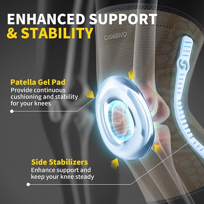CAMBIVO Knee Brace for Men & Women, 2-Pack Compression Sleeve with Gel Pad | Patella Gel Pad with Side Stabilizers for Knee Pain Relief. Ideal for Running, Weightlifting & Arthritis, Workout, Daily Use